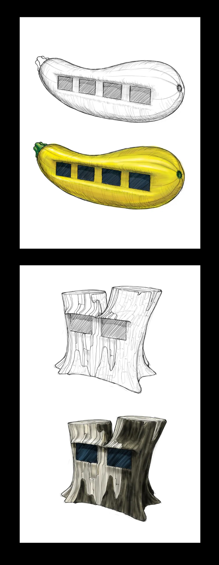Concept sketches of vegetable and tree-stump touchscreen housings