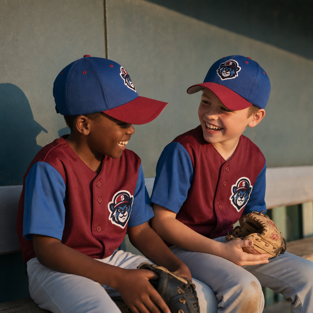 Young players in Sluggers uniforms in the dugout