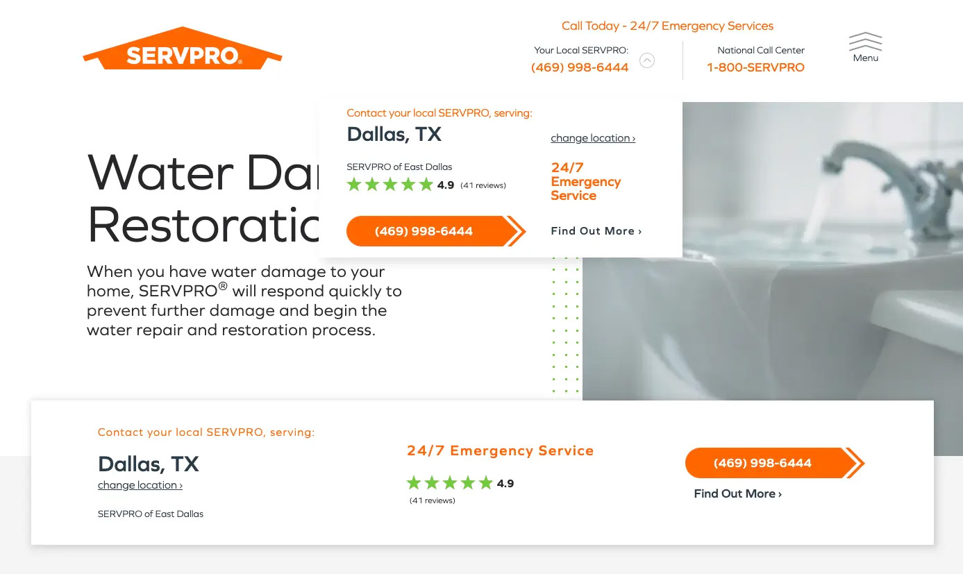 SERVPRO water damage restoration service page with local franchise contact information