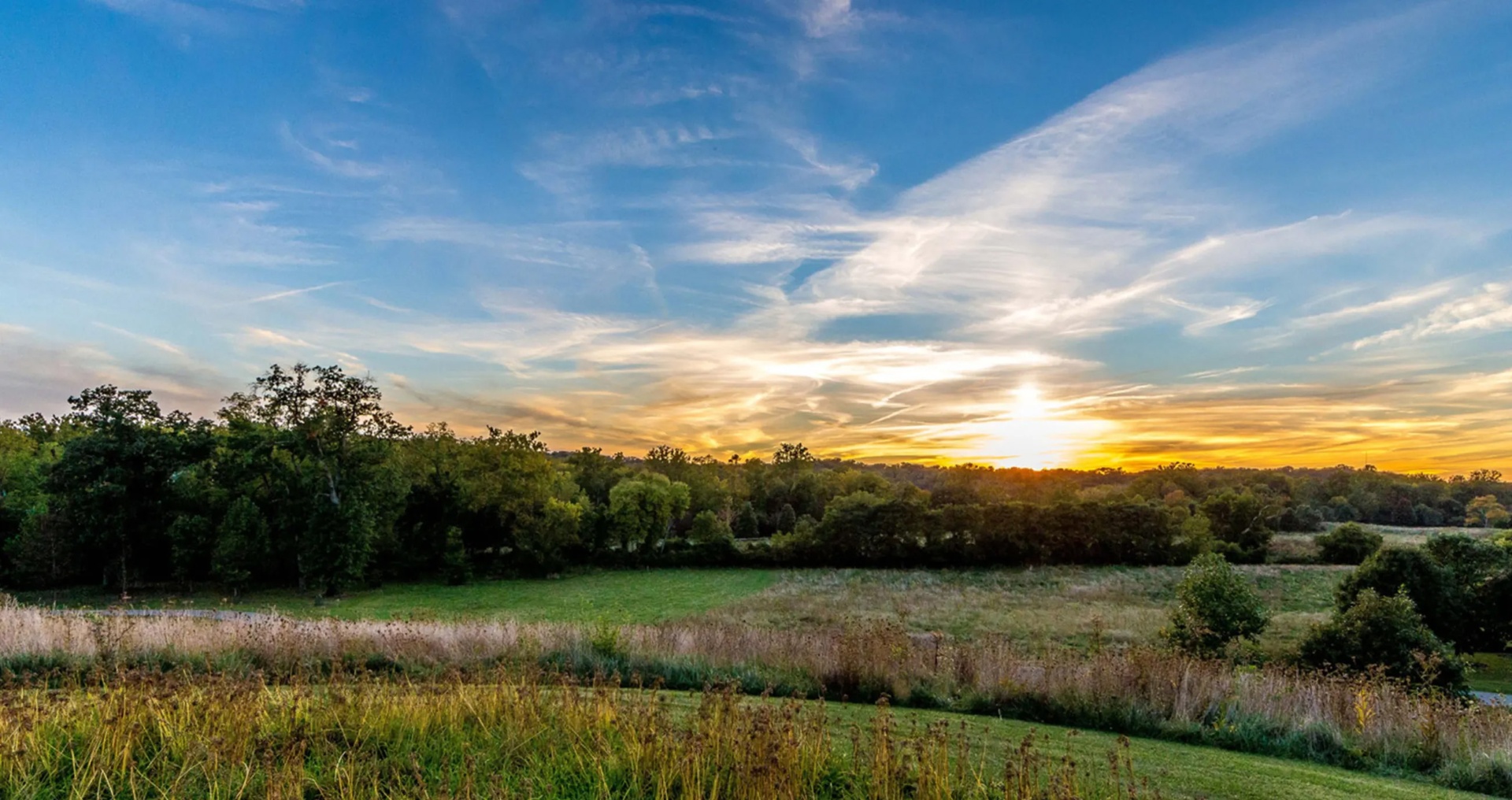 Sunset over rolling Great Parks meadow with wide sky