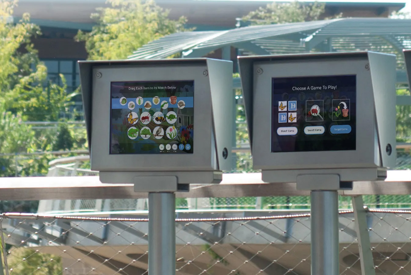Interactive touchscreen game screens for the Children's Adventure Garden