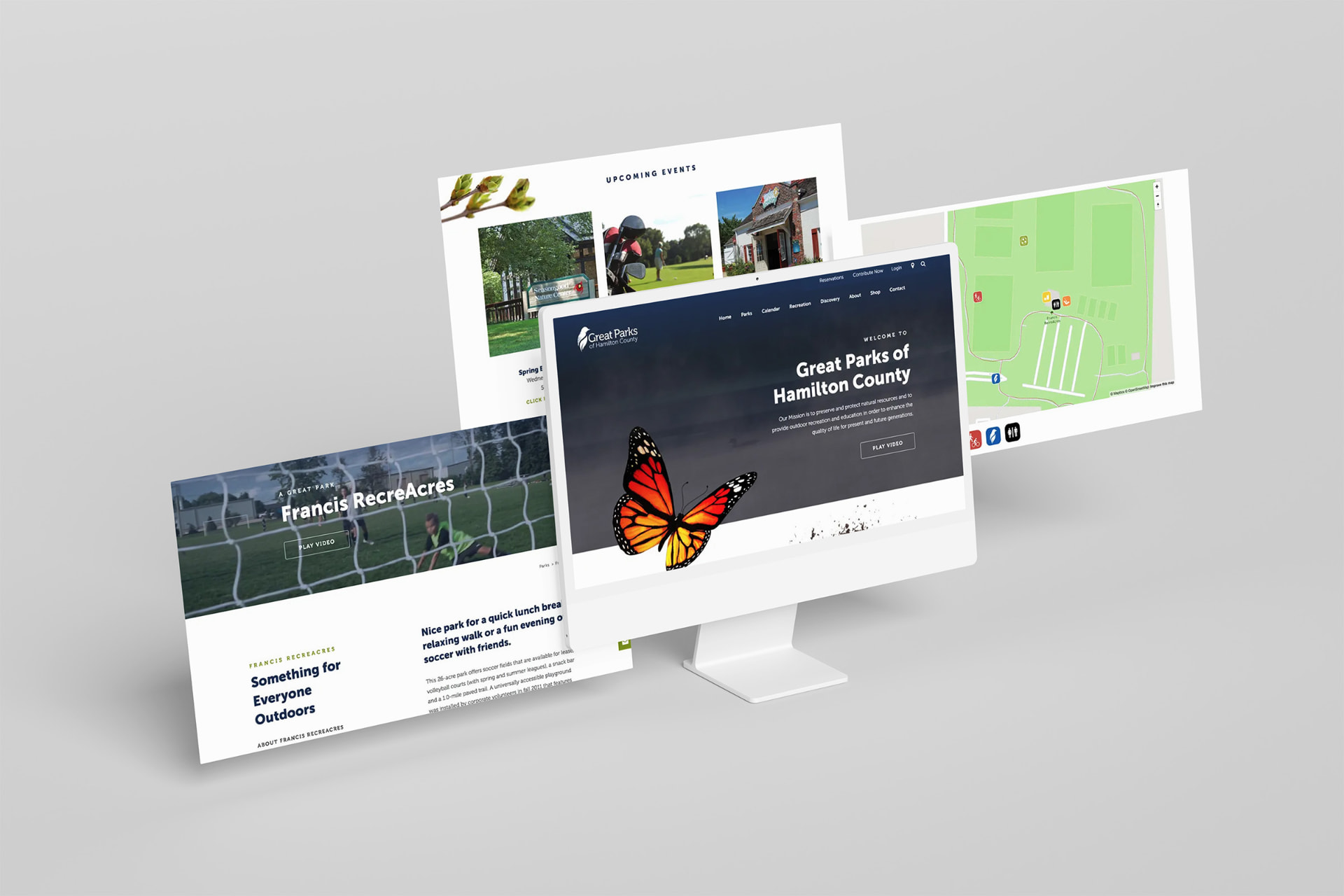 Great Parks of Hamilton County website shown across desktop, park detail, and trail map screens