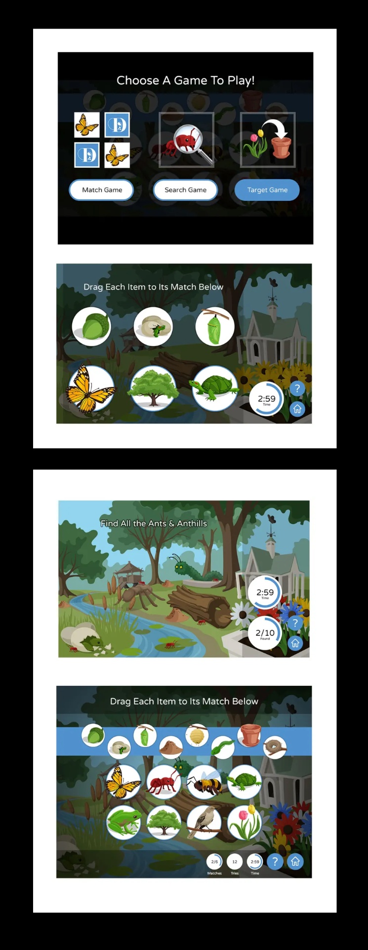 Touchscreen game interfaces — match, search, and target games