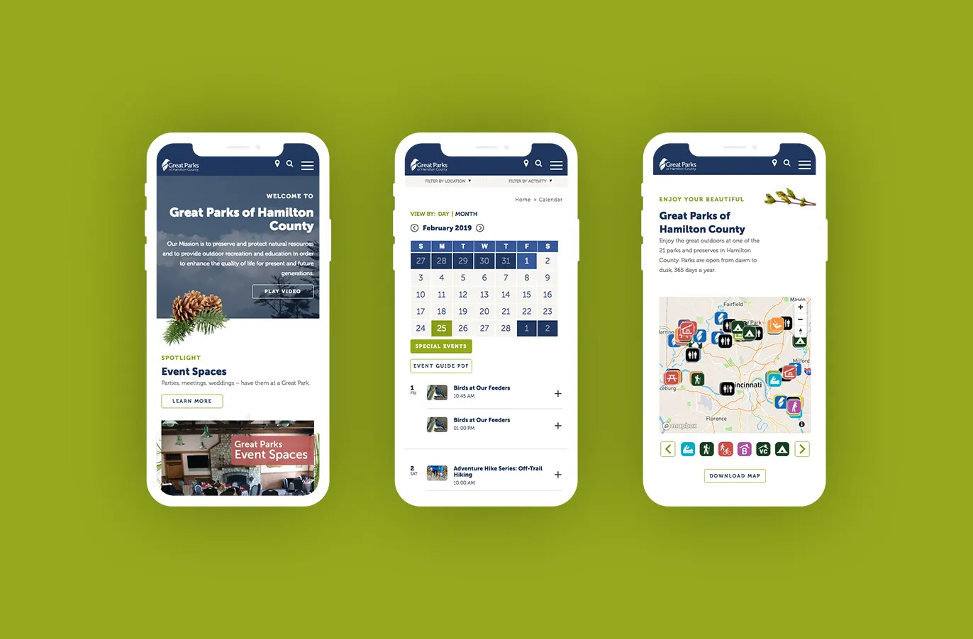 Great Parks of Hamilton County responsive website shown on three mobile devices