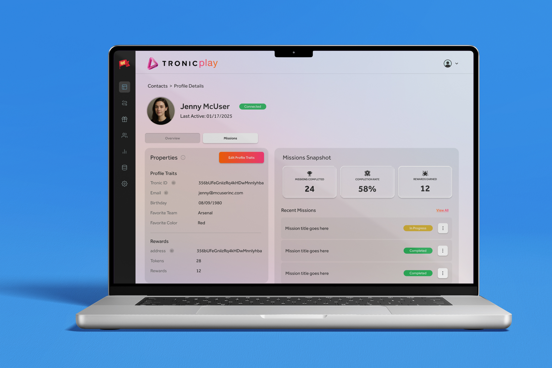 Tronic Play user profile and missions snapshot