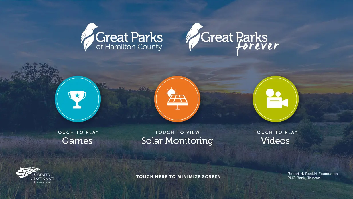 Great Parks interactive kiosk welcome screen with Games, Solar Monitoring, and Videos options