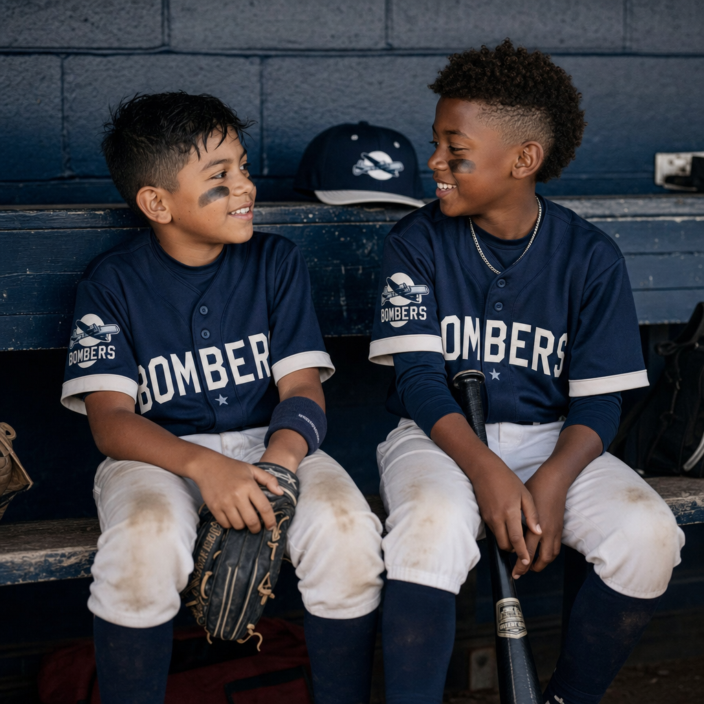 Young players in Bombers uniforms in the dugout