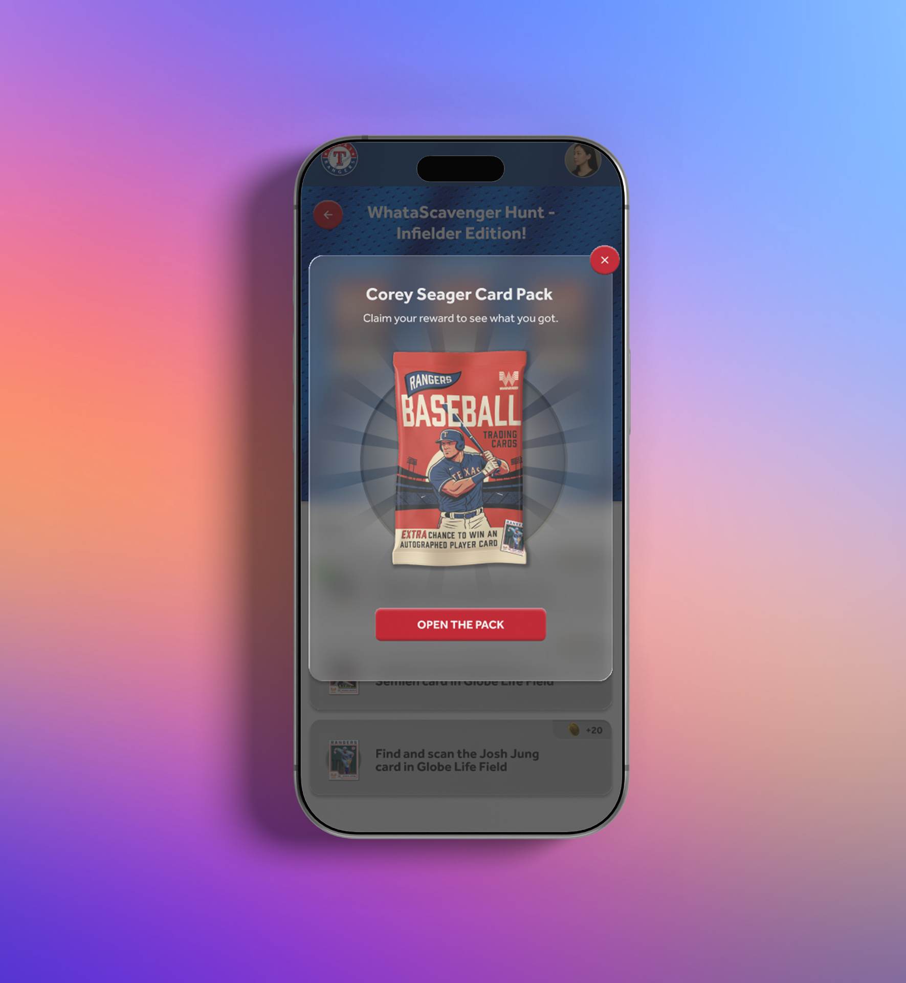 Texas Rangers WhataScavenger Hunt card pack reward