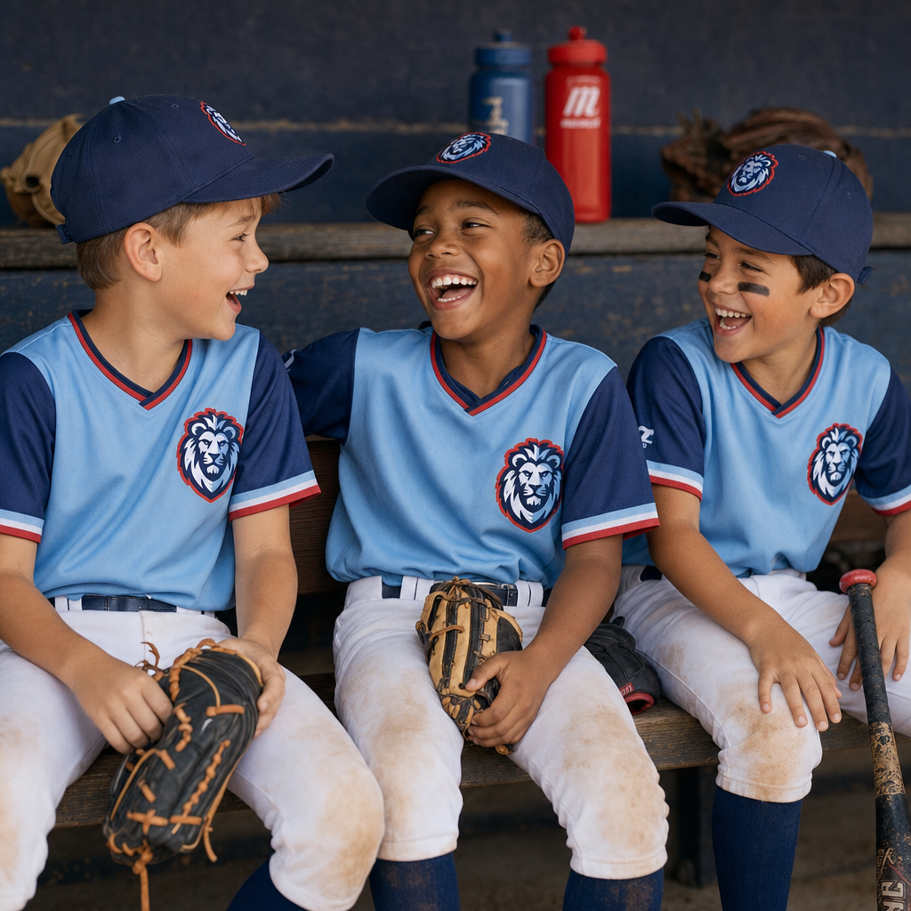 Youth baseball players having fun in Dallas Hardball uniforms