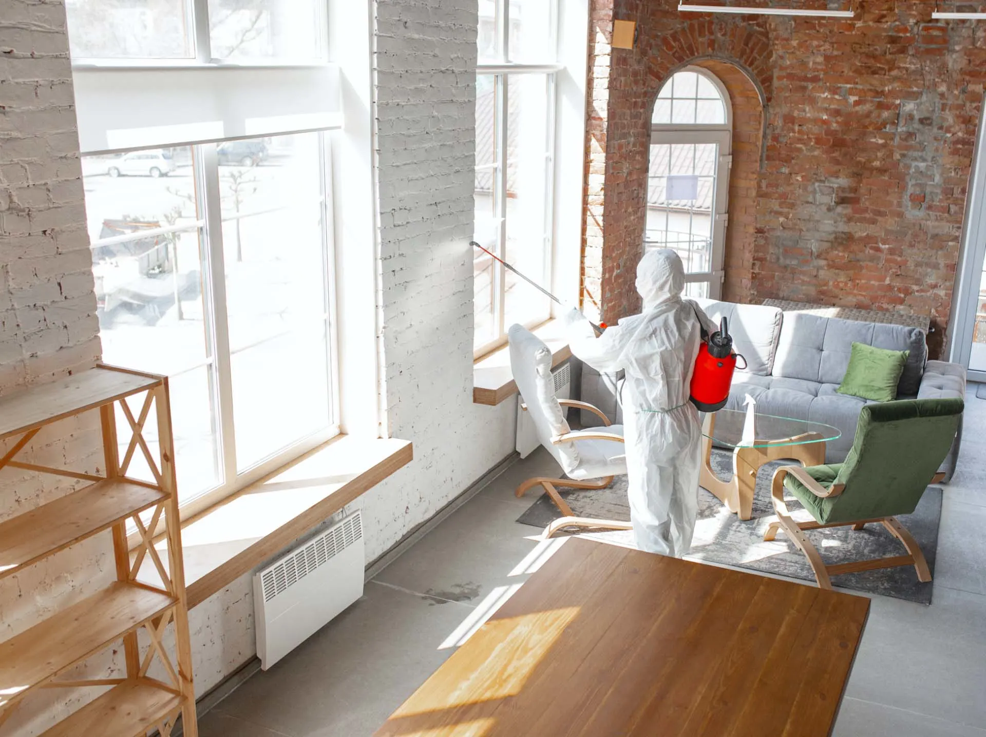SERVPRO technician in protective suit disinfecting a sunlit loft interior